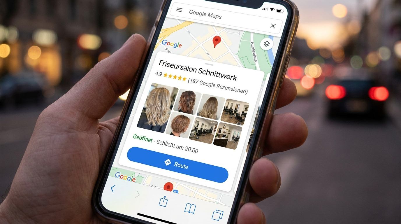 Google-Maps-Profil eines Beispielkunden mit 4,9 Sternen