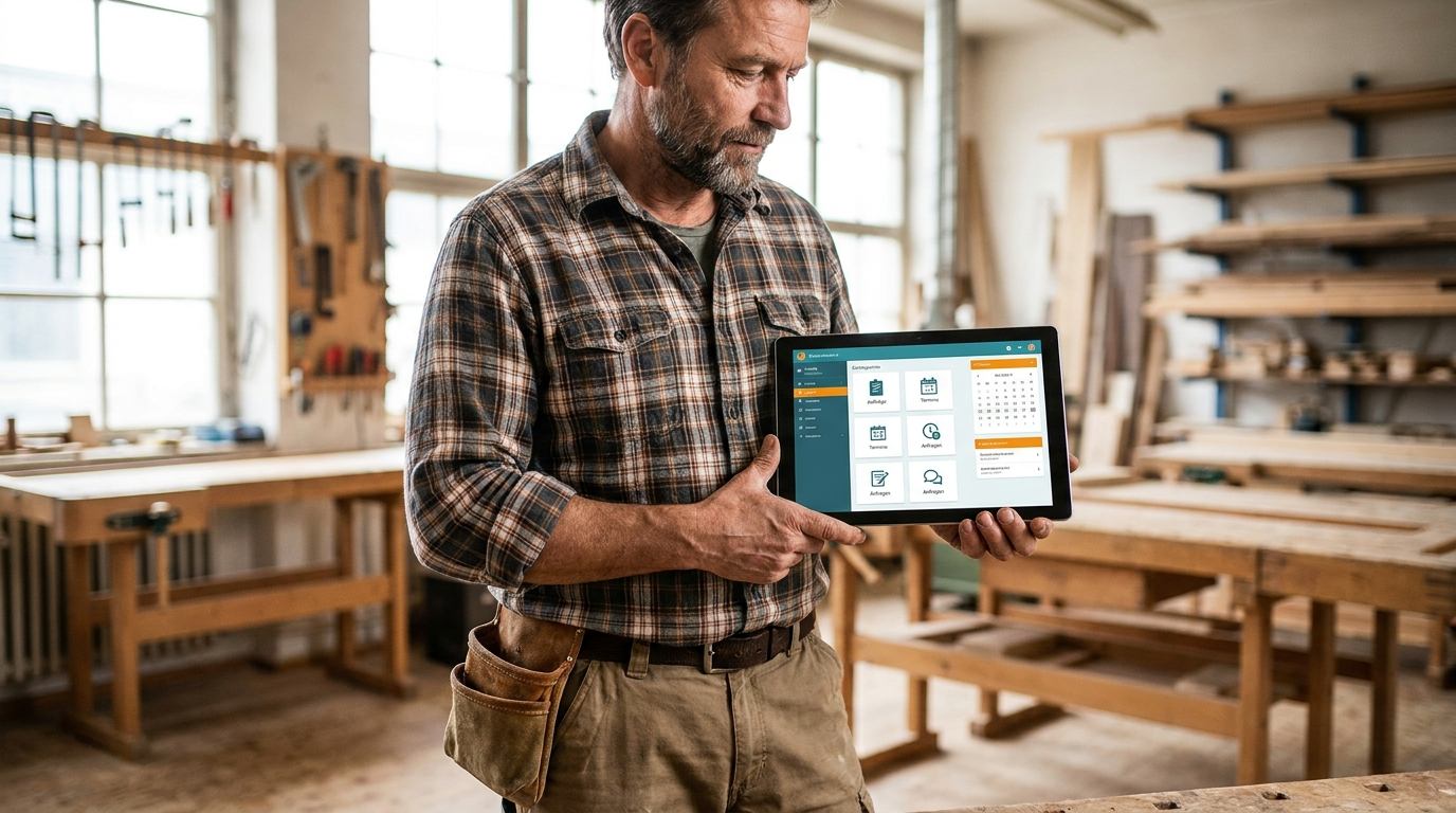 Handwerker mit Tablet: digitale Aufträge und Termine